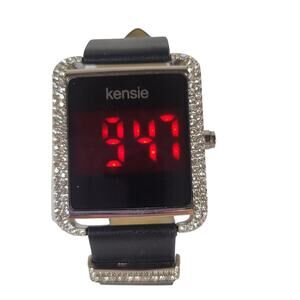 Kensie Women's Digital Watch with Crystals, Square Face, Black Leather Strap